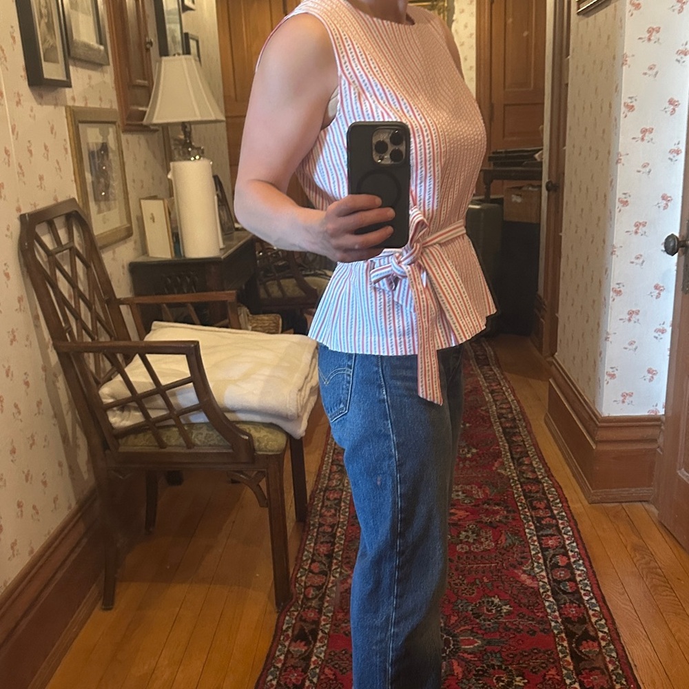 Peplum Seersucker Striped Pink Sleeveless Top with Tie Waist